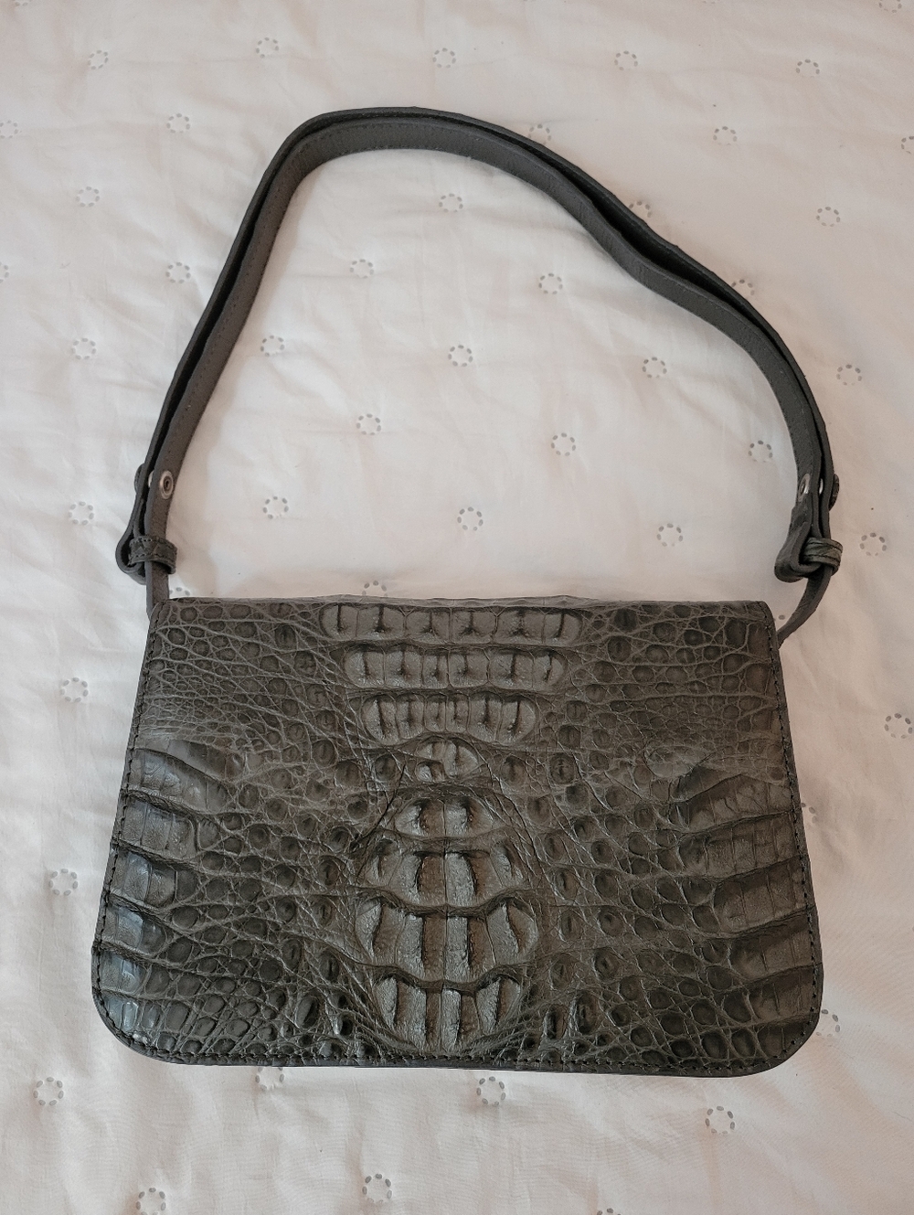 Genuine Caiman Crocodile Hornback Crossbody Bag - Adjustable Strap  Olive Gray